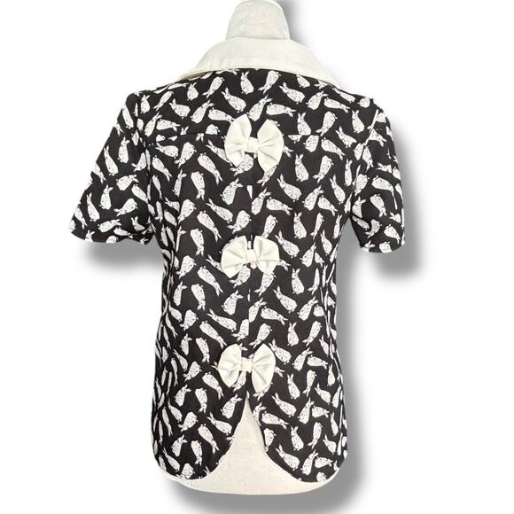 Moon Top Rabbit Print Blouse Black White Exaggerated Peter Pan Collar Bow Tie - Picture 6 of 13